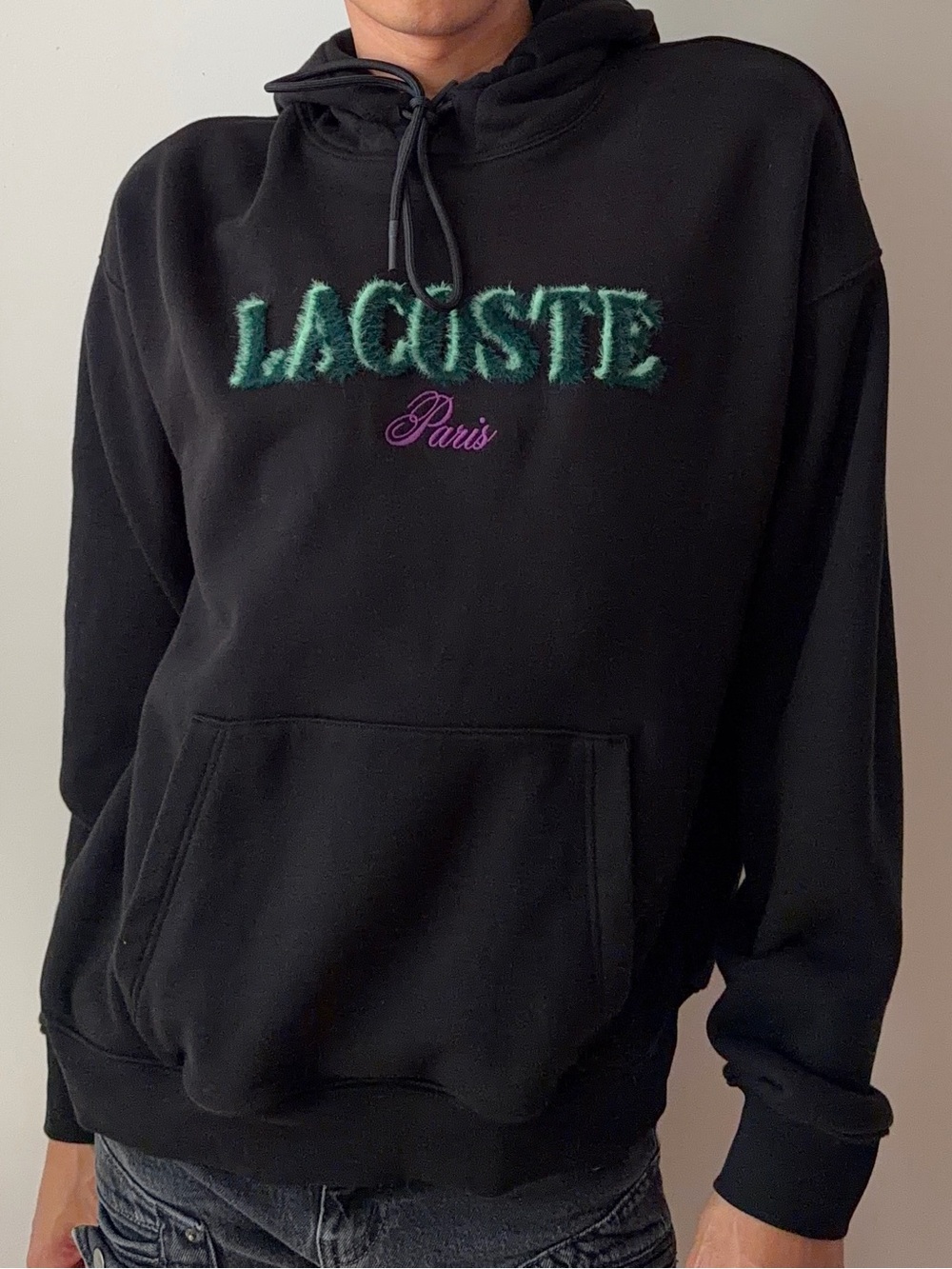 Lacoste Black Hoodie with Green Logo and Purple Script
